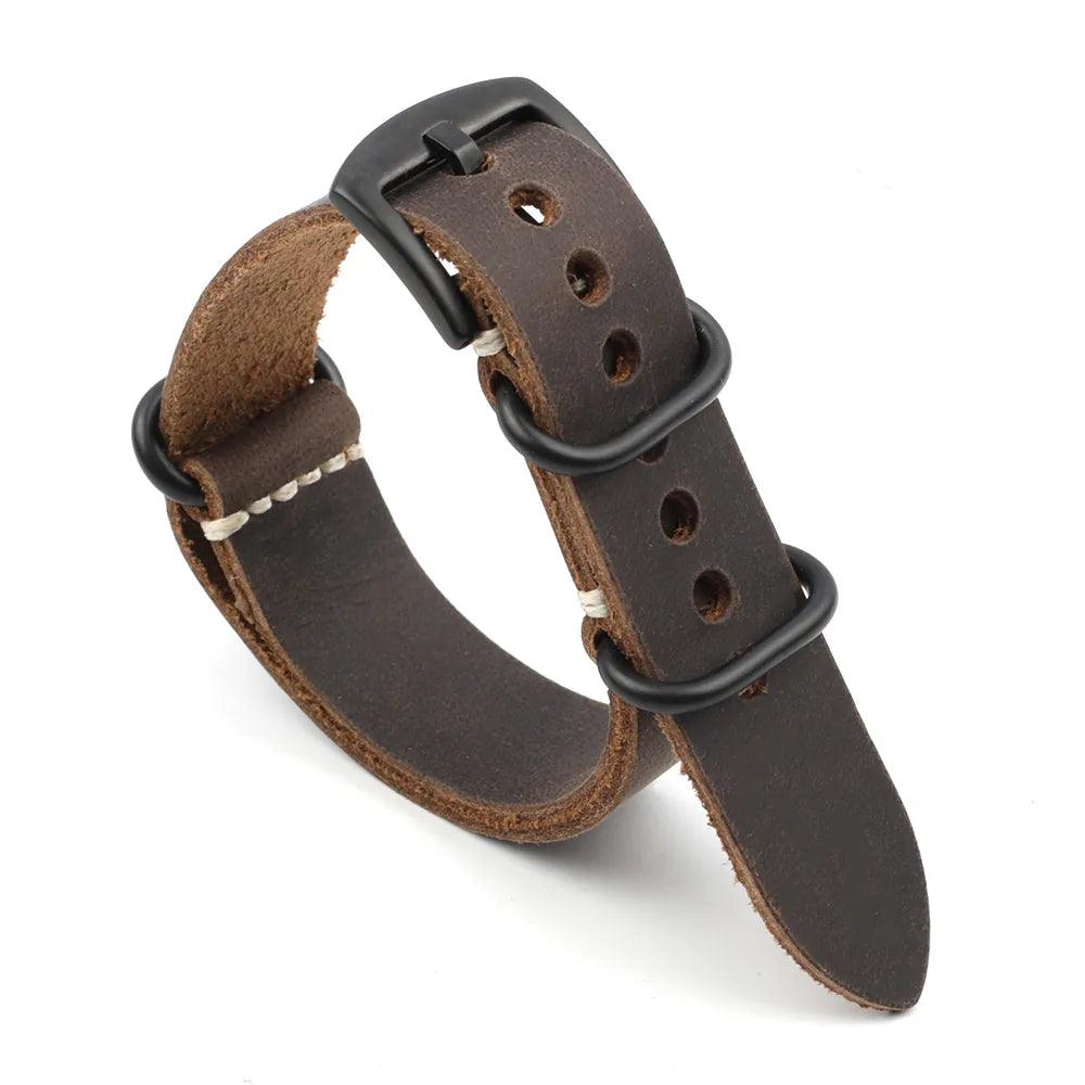 KZL029O Cowhide Genuine Leather Zulu Watch Straps Dark coffee Black buckle - VivaStraps | Viva Timepiece