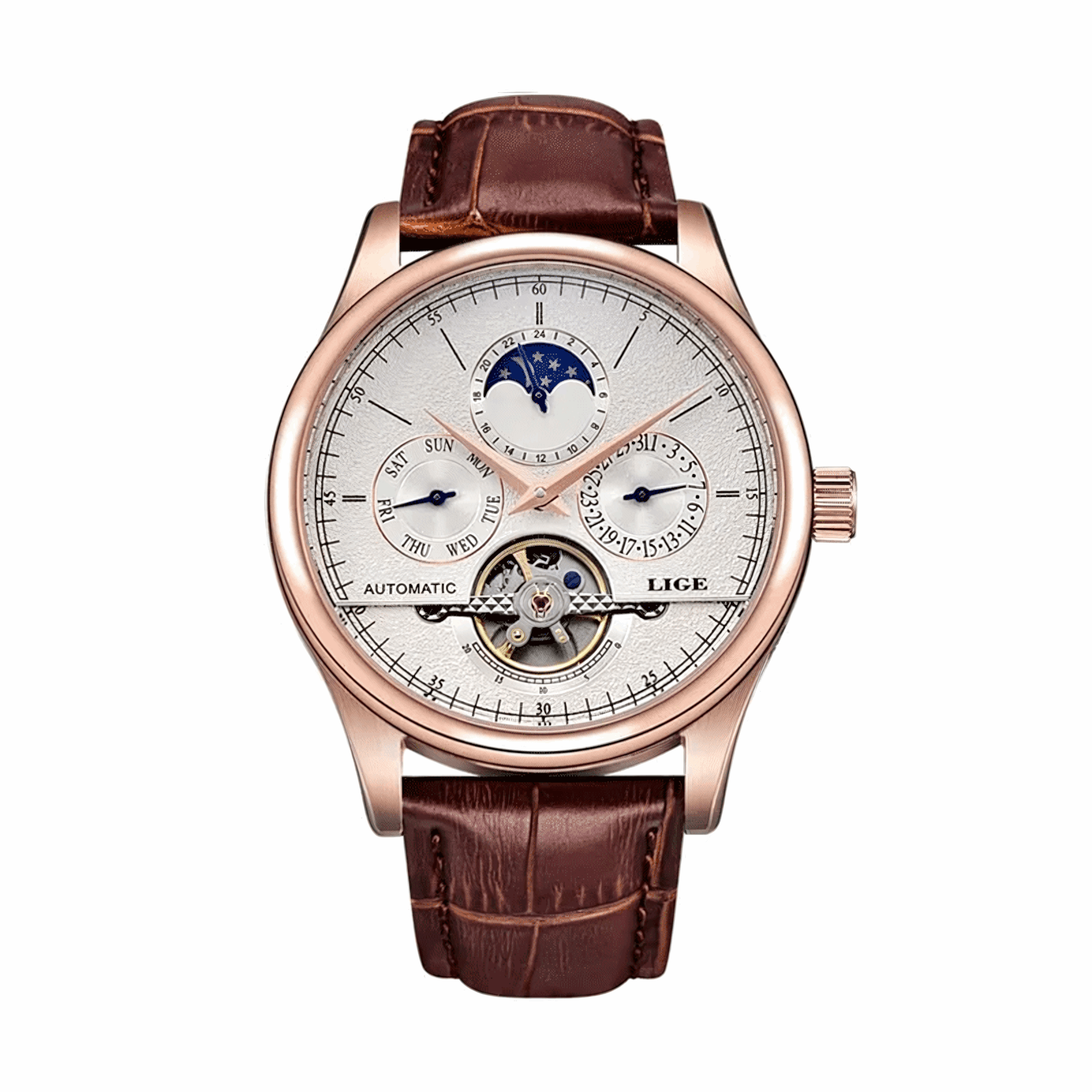 LIGE Men Automatic Tourbillon Leather Strap Watches gold white - LIGE | Viva Timepiece