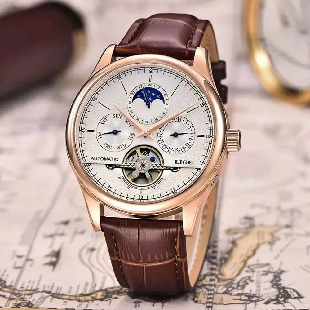 LIGE 43mm Automatic Mechanical Watch – Open Balance, Leather Strap-LIGE-Viva Timepiece