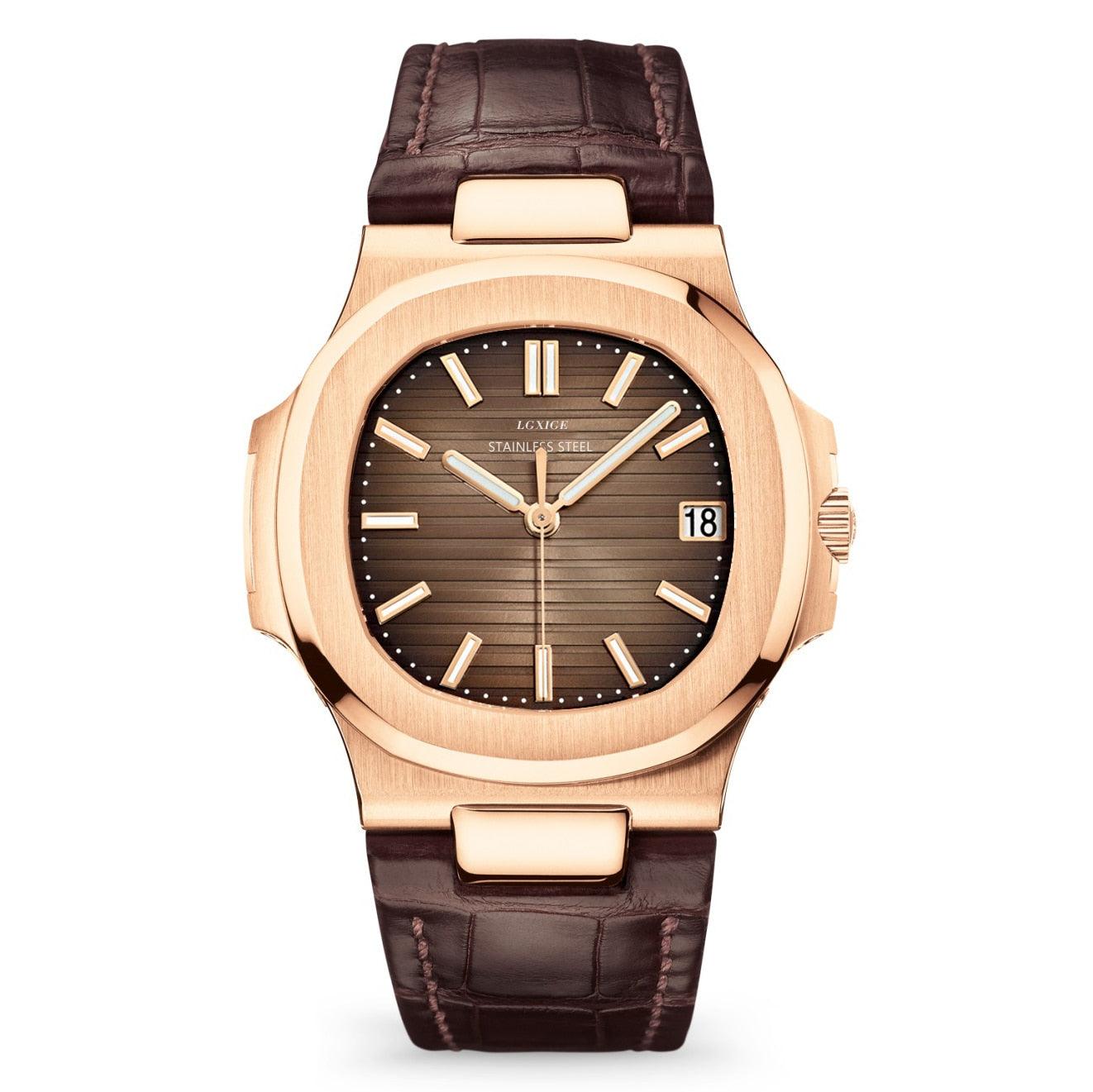 Lgxige Nautilus Quartz (PU Leather) Homage Watches Rose Coffee Brown - LGXIGE | Viva Timepiece
