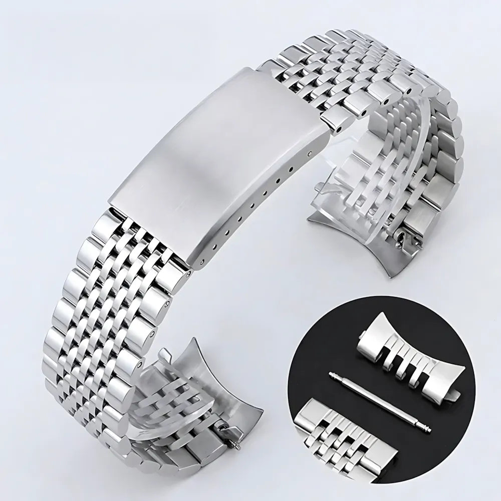 Multi-Link Solid Stainless Steel Watch Band with Curved & Flat End Links-ChronoCraft-Viva Timepiece