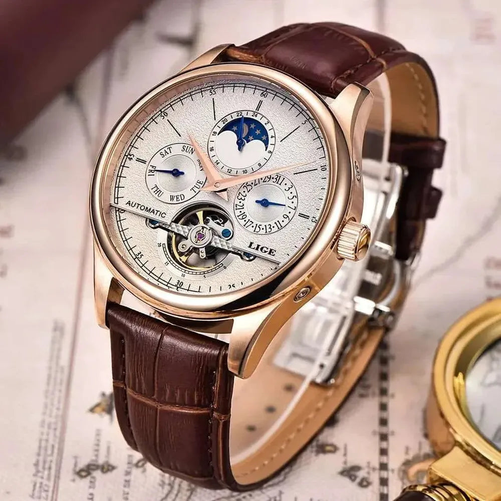 Open Heart Moonphase Automatic Watch – Leather Strap 43mm-LIGE-Viva Timepiece