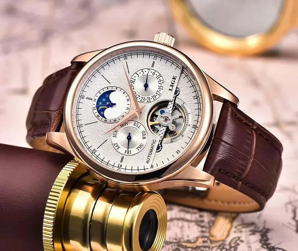 Open Heart Moonphase Automatic Watch – Leather Strap 43mm-LIGE-Viva Timepiece