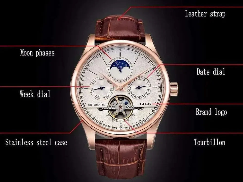 Open Heart Moonphase Automatic Watch – Leather Strap 43mm-LIGE-Viva Timepiece