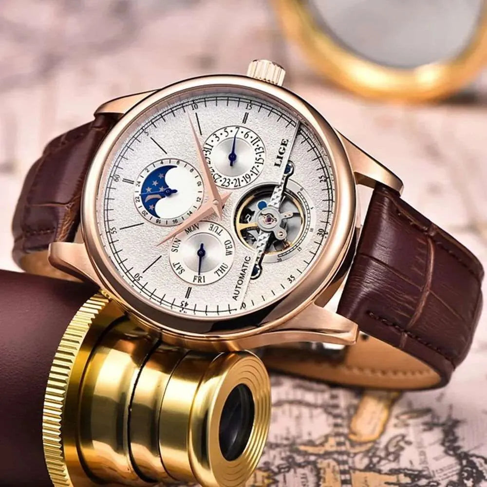 Open Heart Moonphase Automatic Watch – Leather Strap 43mm-LIGE-Viva Timepiece