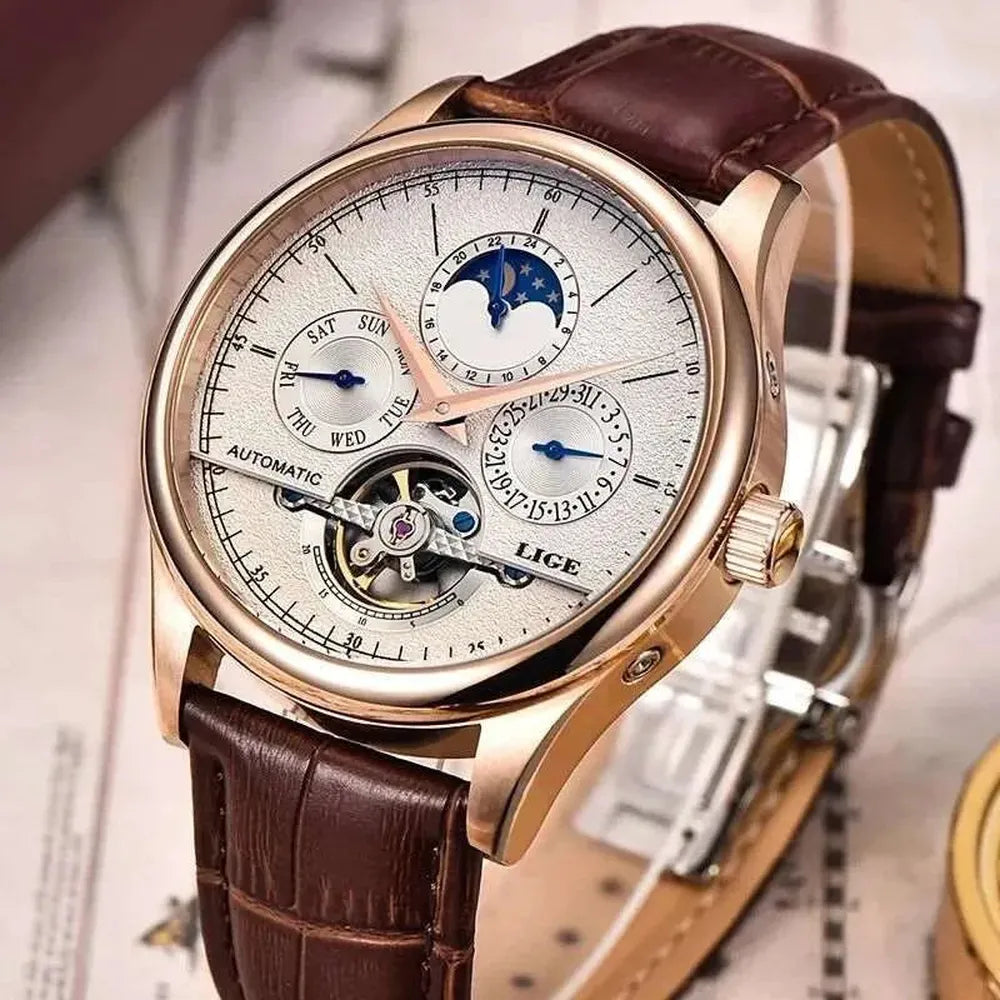 Open Heart Moonphase Automatic Watch – Leather Strap 43mm-LIGE-Viva Timepiece