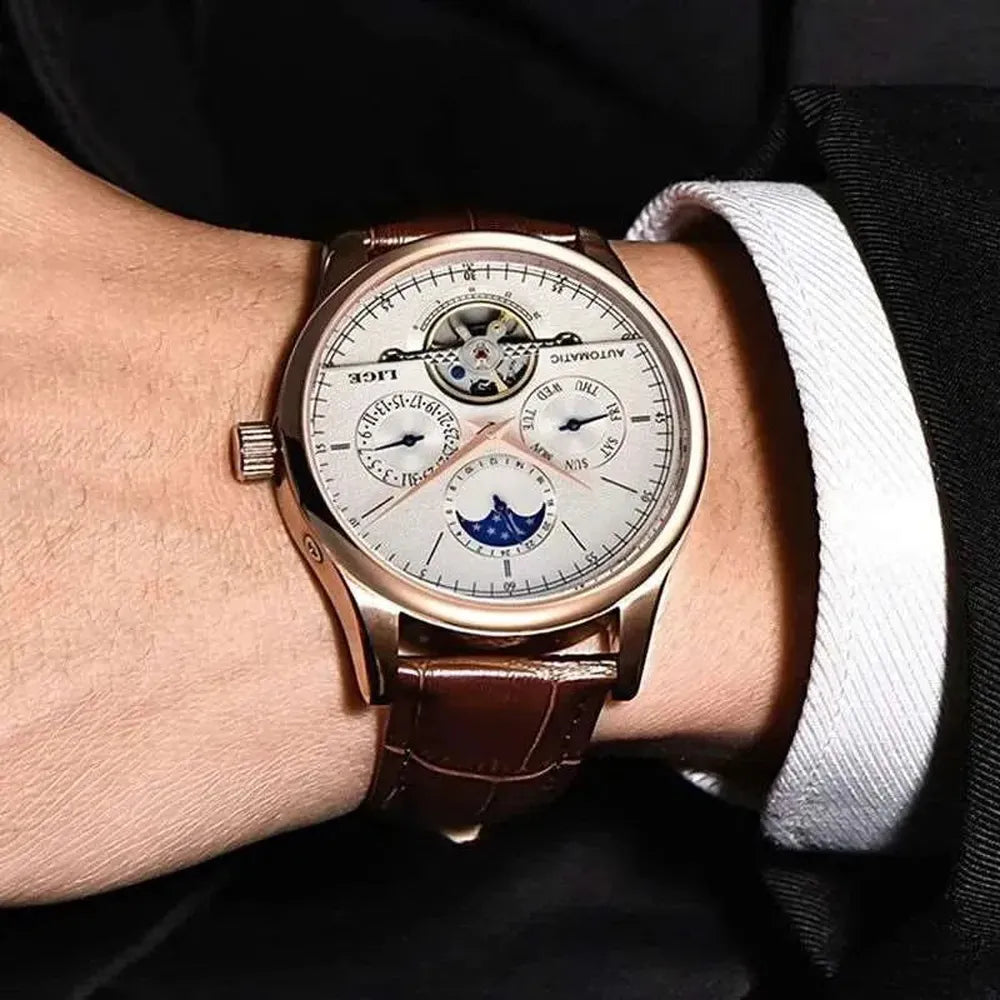 Open Heart Moonphase Automatic Watch – Leather Strap 43mm-LIGE-Viva Timepiece