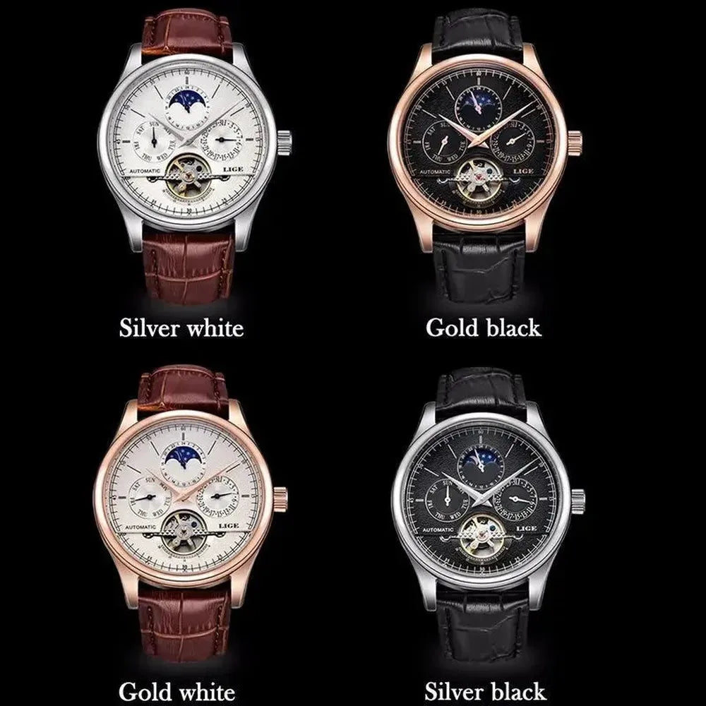 Open Heart Moonphase Automatic Watch – Leather Strap 43mm-LIGE-Viva Timepiece