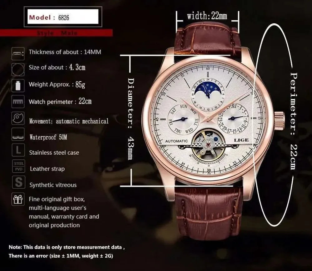 Open Heart Moonphase Automatic Watch – Leather Strap 43mm-LIGE-Viva Timepiece