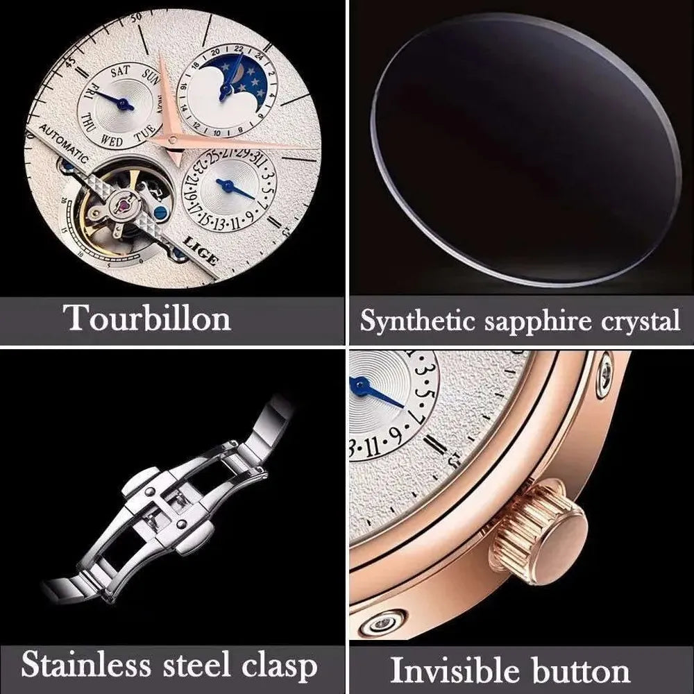 Open Heart Moonphase Automatic Watch – Leather Strap 43mm-LIGE-Viva Timepiece