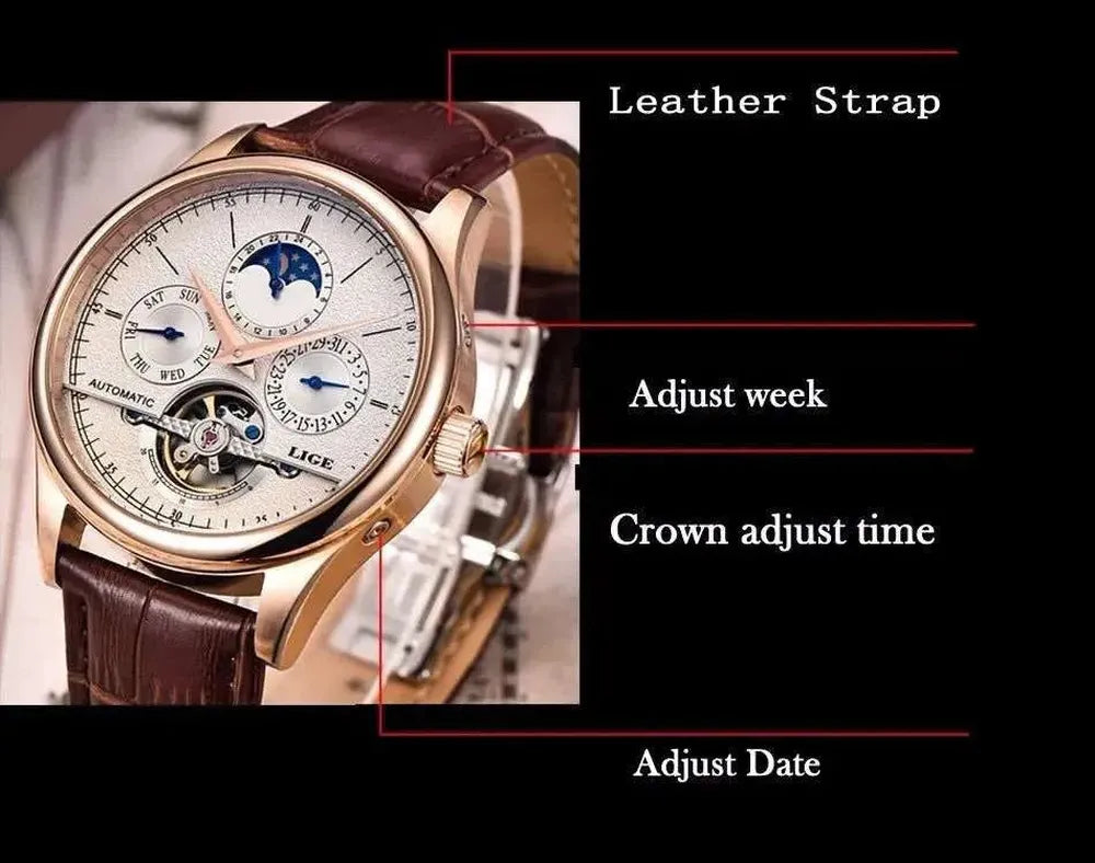 Open Heart Moonphase Automatic Watch – Leather Strap 43mm-LIGE-Viva Timepiece