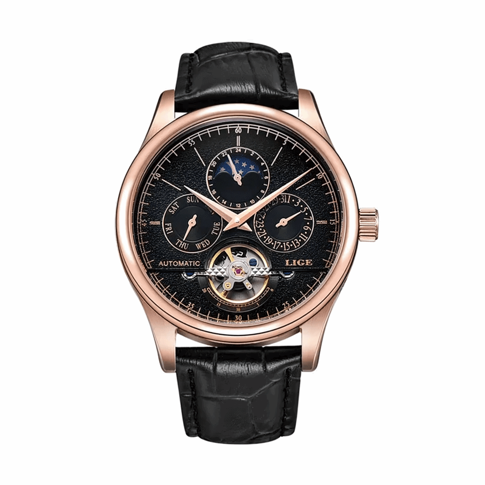 Open Heart Moonphase Automatic Watch – Leather Strap 43mm-LIGE-Viva Timepiece