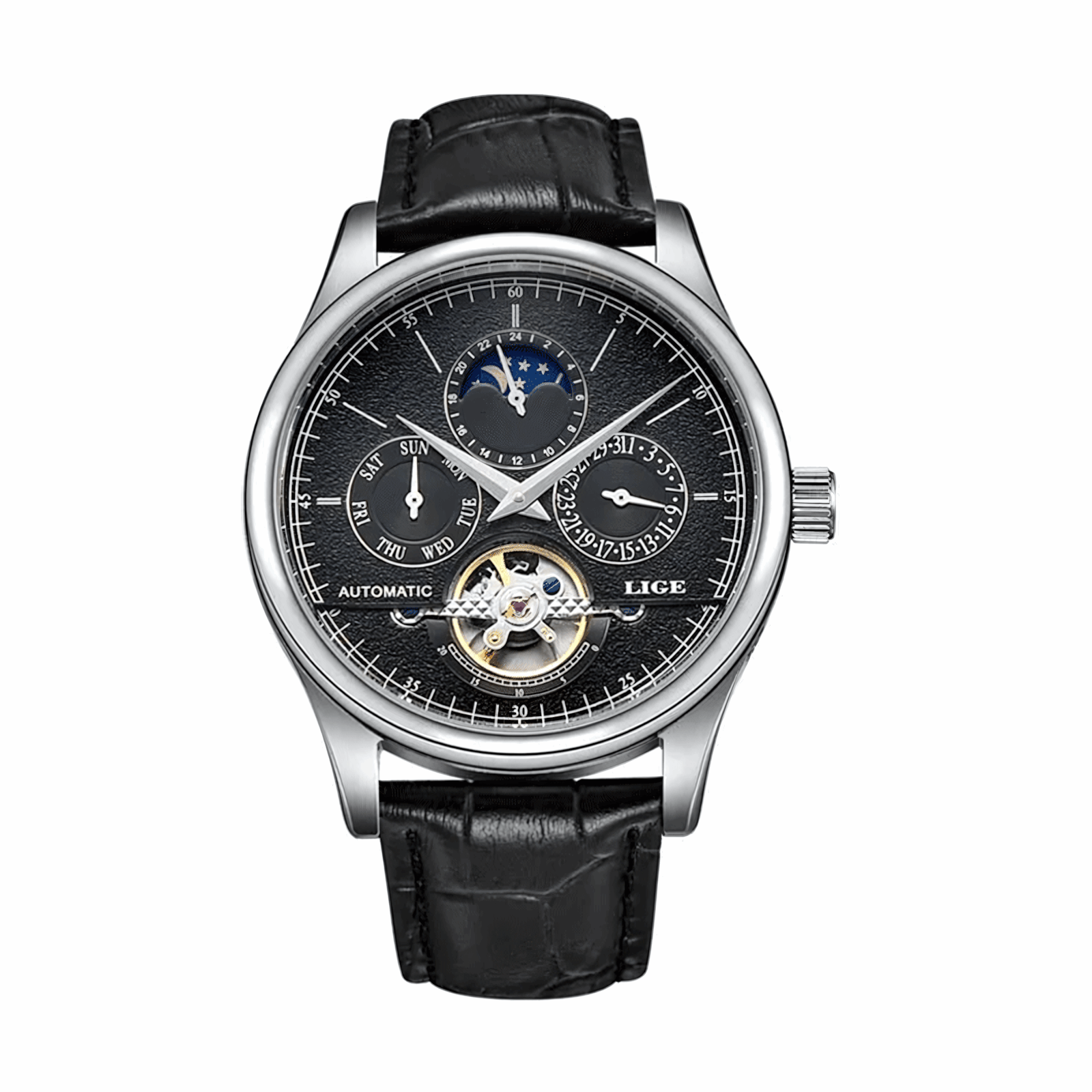 Open Heart Moonphase Automatic Watch – Leather Strap 43mm-LIGE-Viva Timepiece