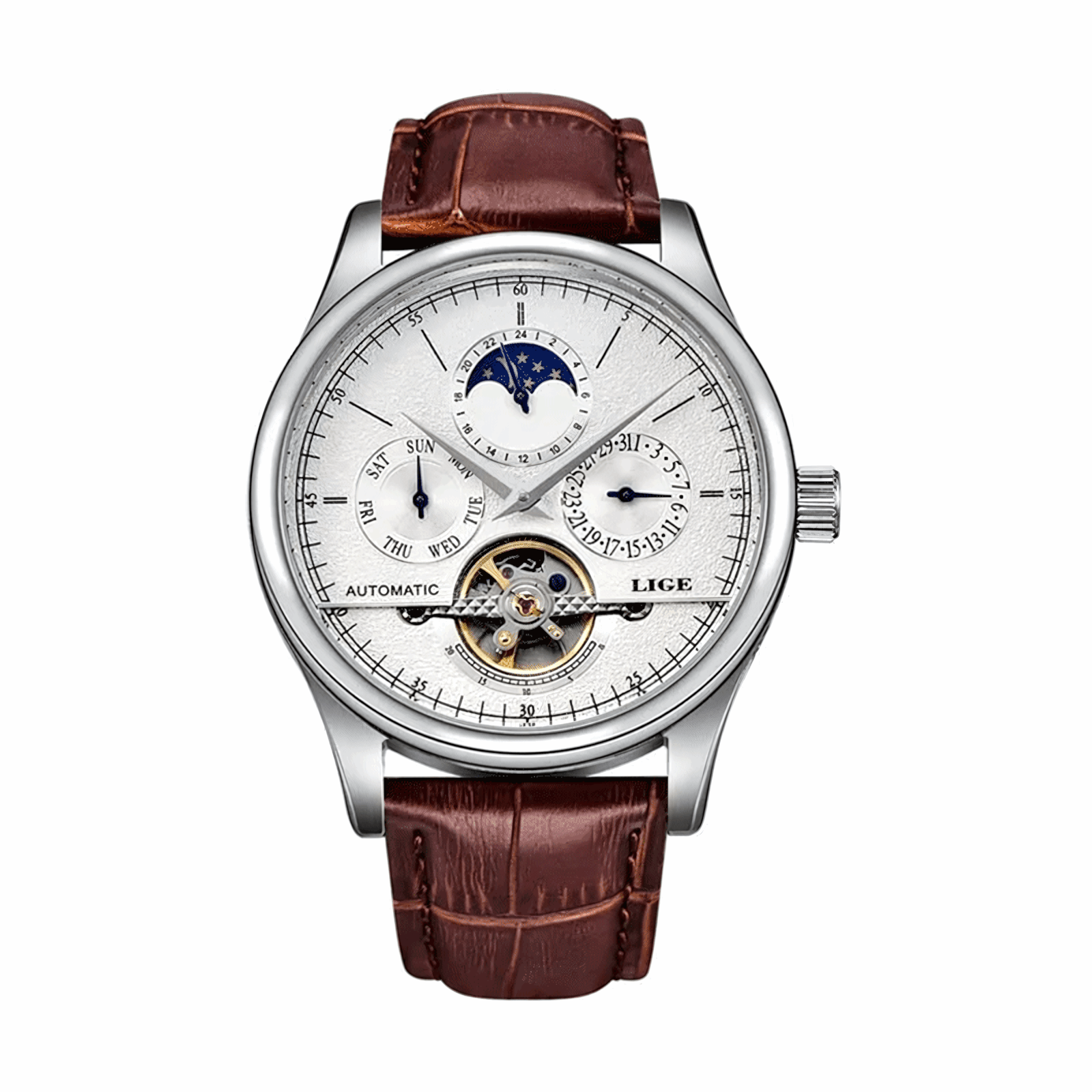 Open Heart Moonphase Automatic Watch – Leather Strap 43mm-LIGE-Viva Timepiece