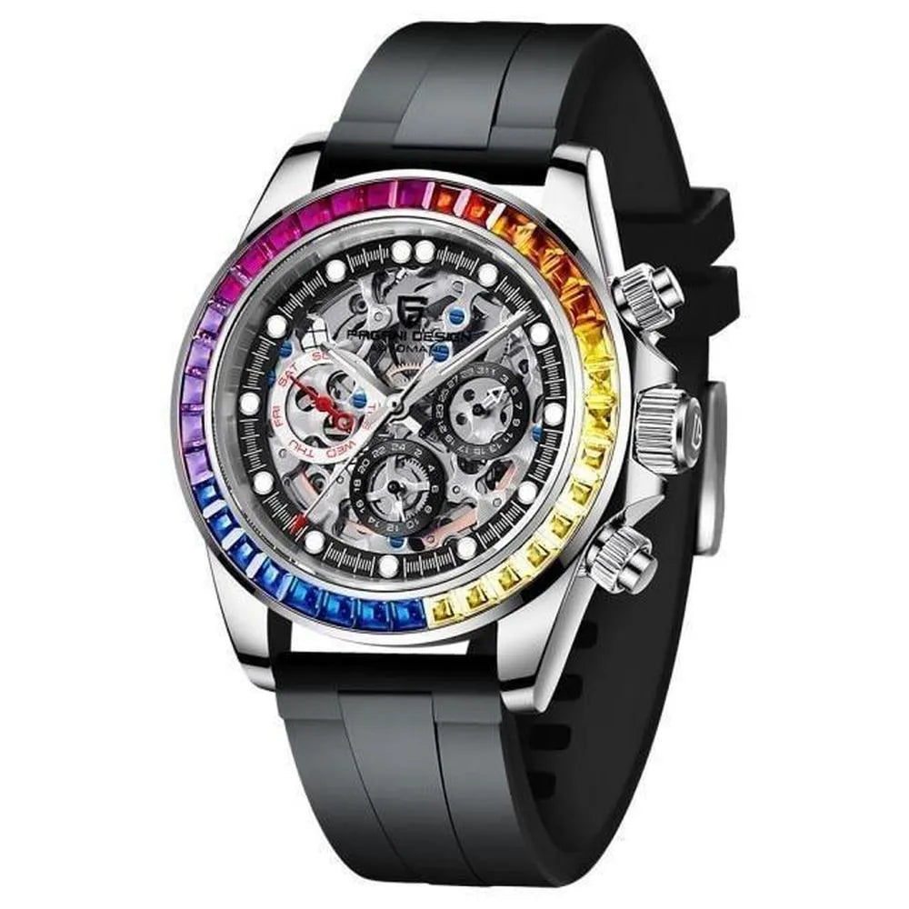 Pagani Design 40mm Automatic Skeleton Stainless Steel Watch – Sapphire Crystal, Rainbow Bezel-Pagani Design-Viva Timepiece