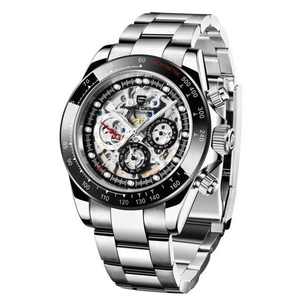 Pagani Design 40mm Automatic Skeleton Stainless Steel Watch – Sapphire Crystal, Rainbow Bezel-Pagani Design-Viva Timepiece