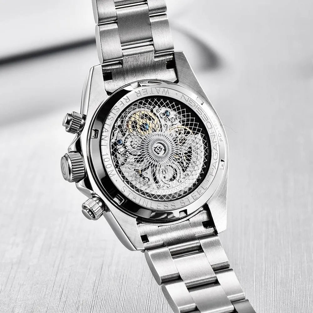 Pagani Design 40mm Automatic Skeleton Stainless Steel Watch – Sapphire Crystal, Rainbow Bezel-Pagani Design-Viva Timepiece