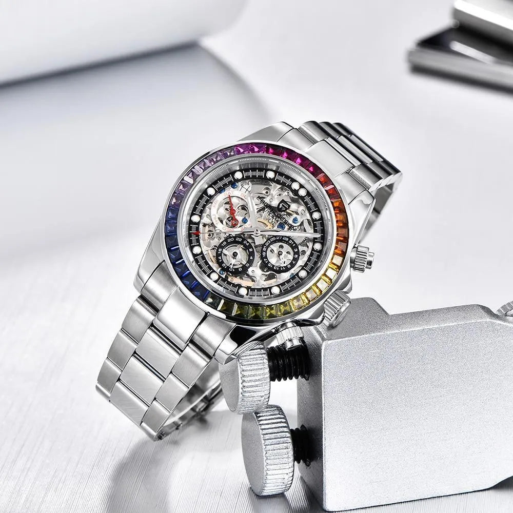 Pagani Design 40mm Automatic Skeleton Stainless Steel Watch – Sapphire Crystal, Rainbow Bezel-Pagani Design-Viva Timepiece