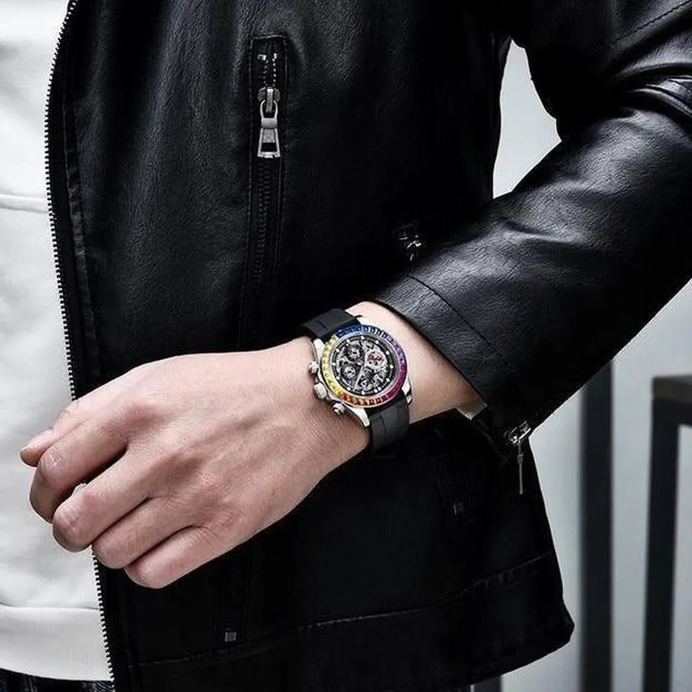 Pagani Design 40mm Automatic Skeleton Stainless Steel Watch – Sapphire Crystal, Rainbow Bezel-Pagani Design-Viva Timepiece