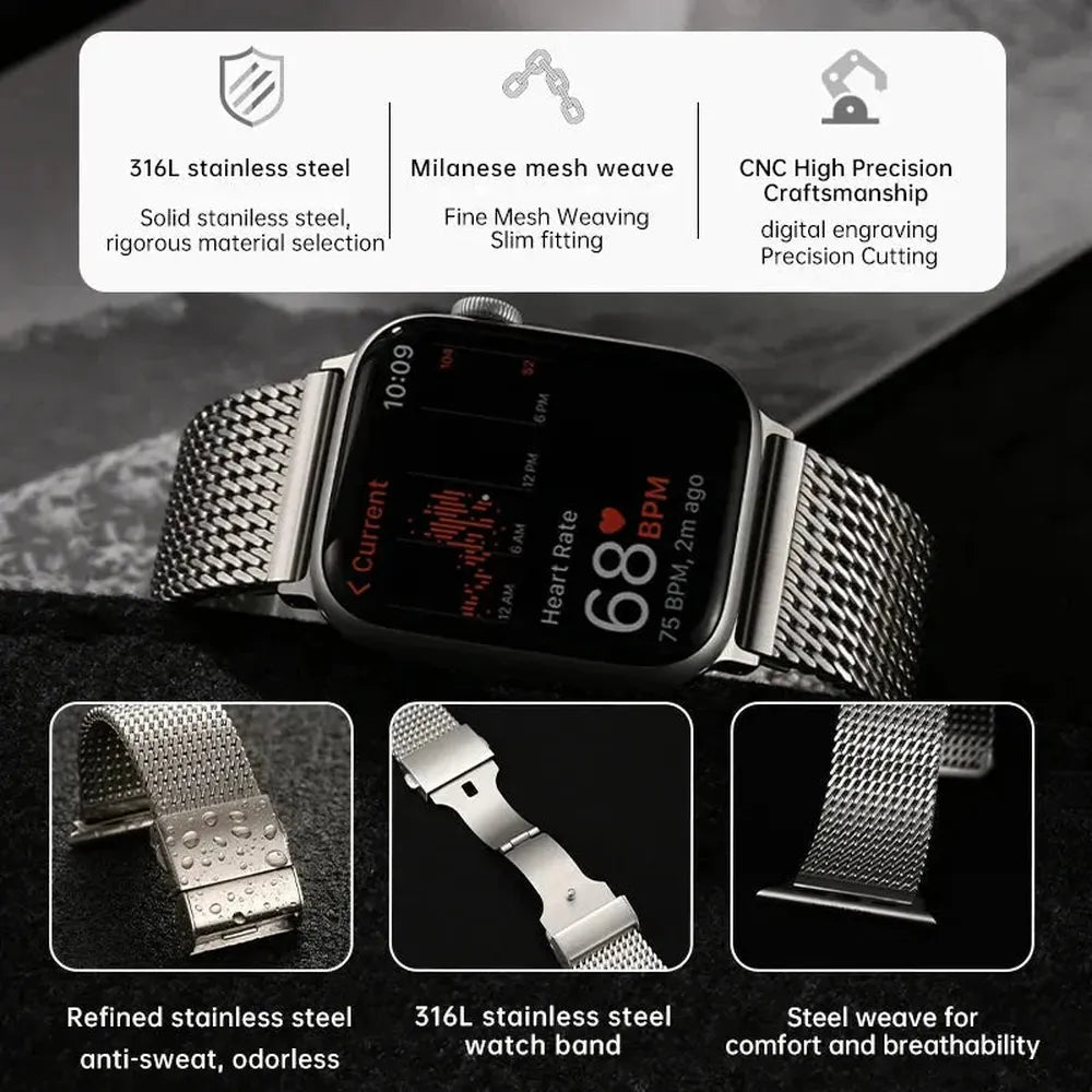Premium Milanese Mesh 316L Stainless Steel Strap Compatible with Apple Watch 38–49mm