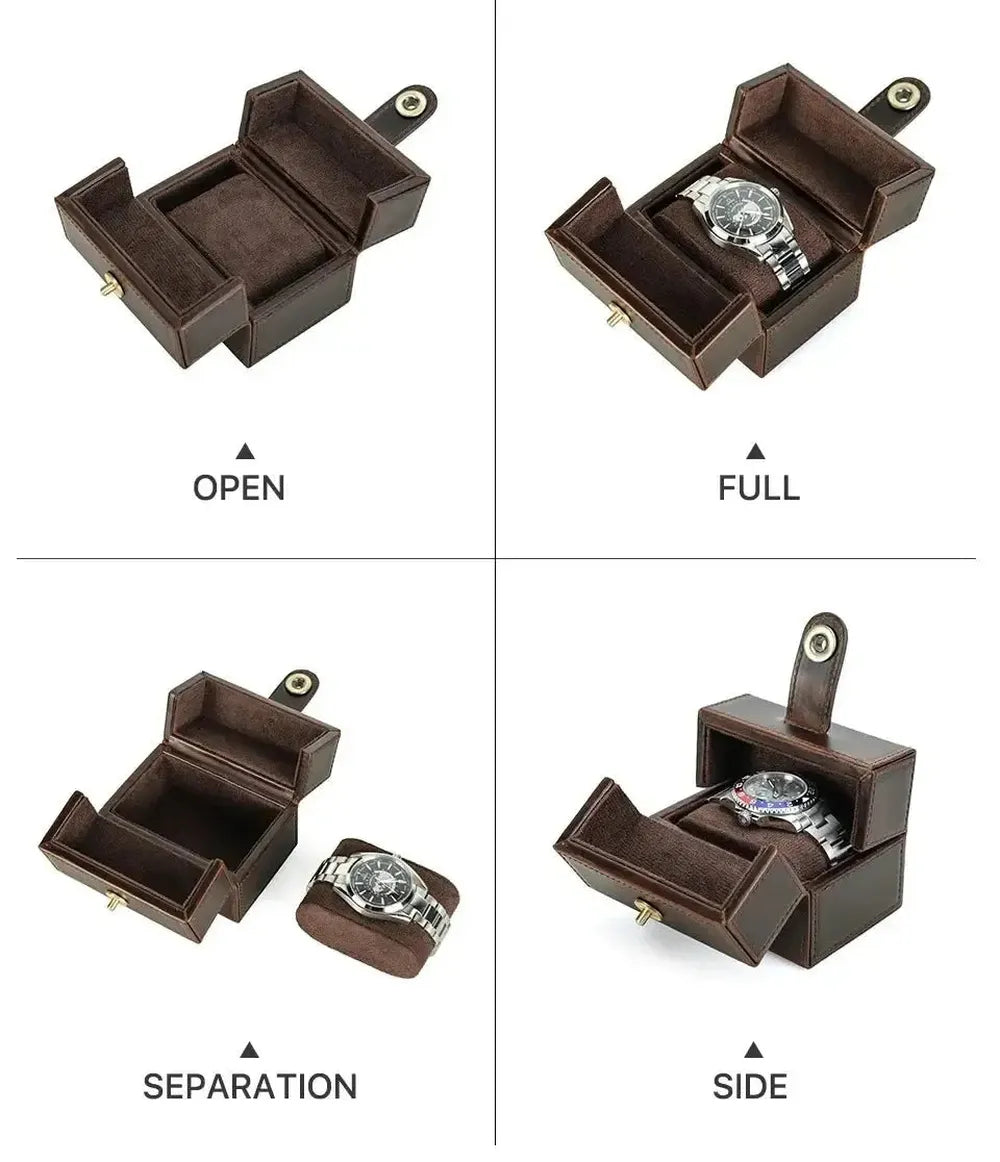 Retro Cowhide Leather Single Slot Double-Open Watch Travel Case