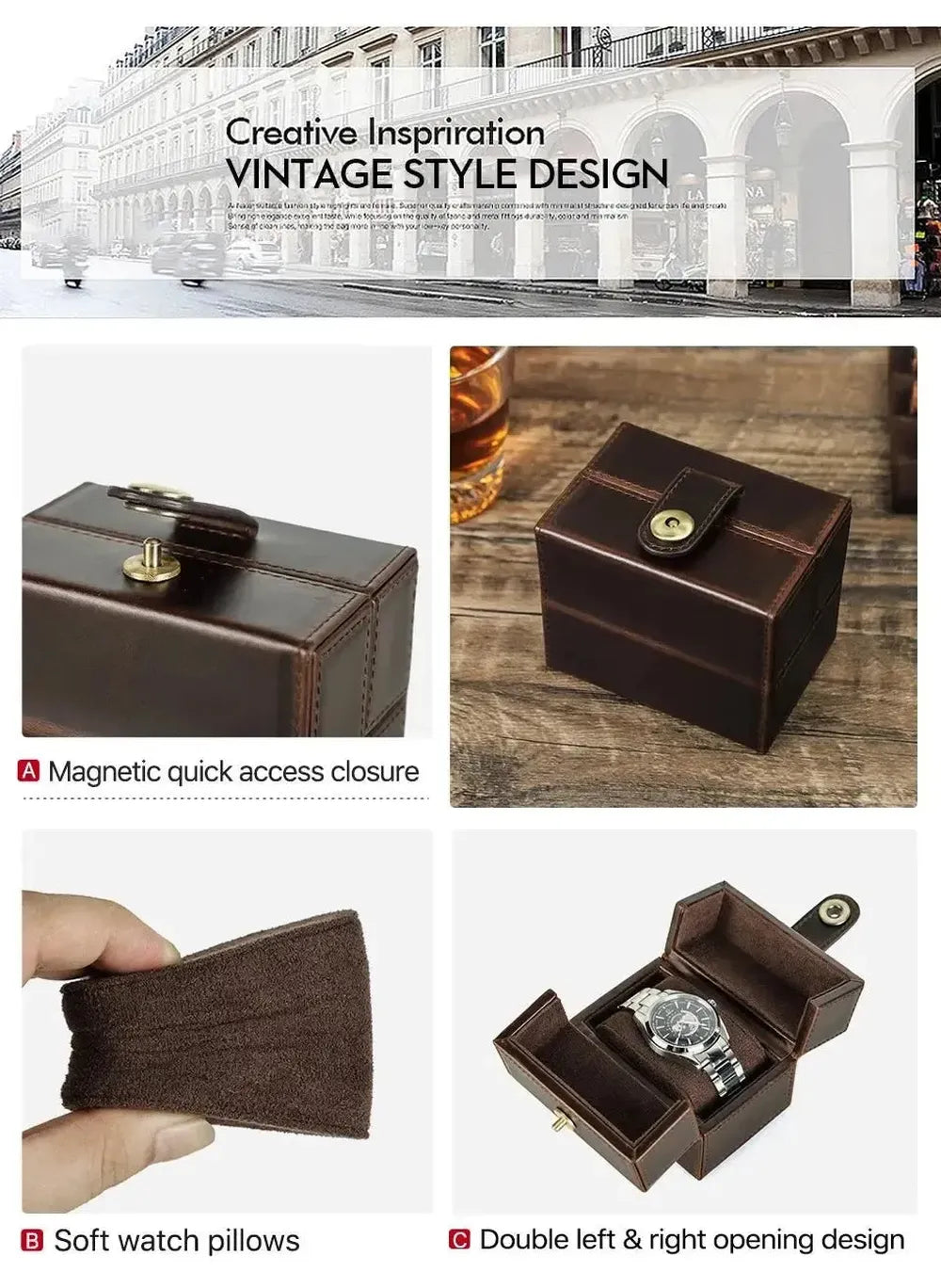 Retro Cowhide Leather Single Slot Double-Open Watch Travel Case