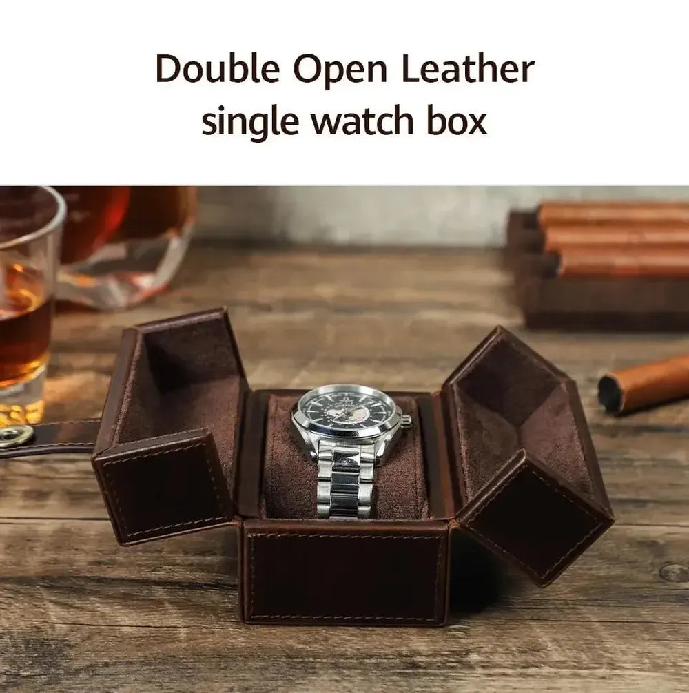 Retro Cowhide Leather Single Slot Double-Open Watch Travel Case