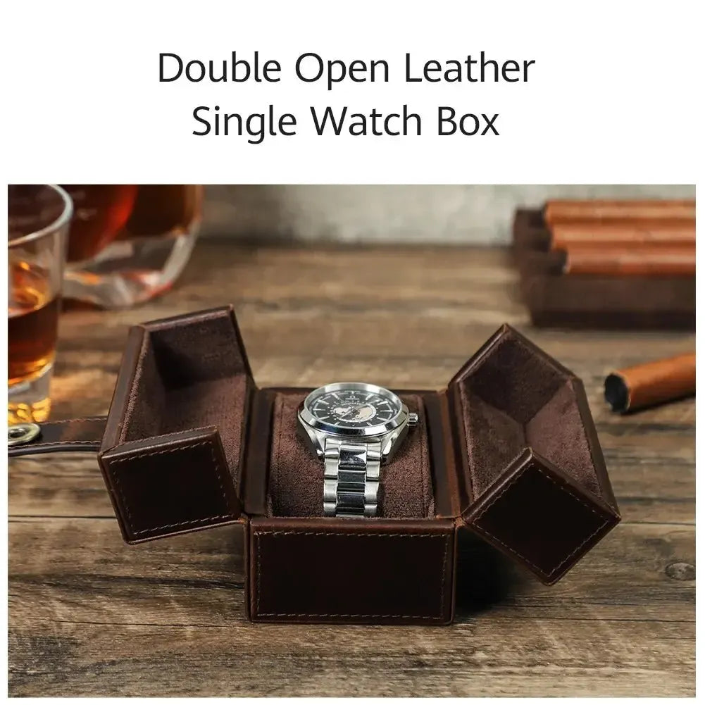 Retro Cowhide Leather Single Slot Double-Open Watch Travel Case