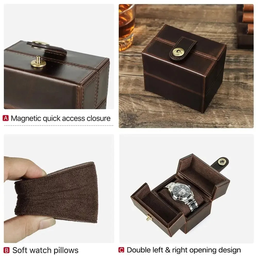 Retro Cowhide Leather Single Slot Double-Open Watch Travel Case