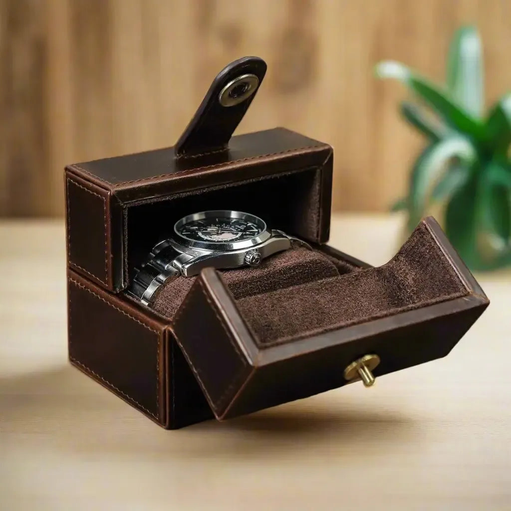 Retro Cowhide Leather Single Slot Double-Open Watch Travel Case