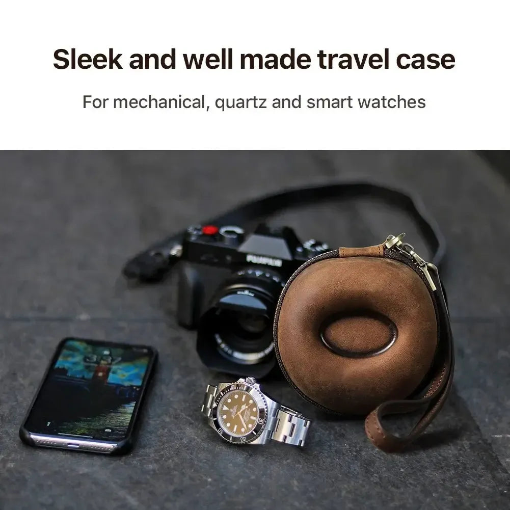 Retro Leather Single Slot Donut Watch Case Travel Pouch
