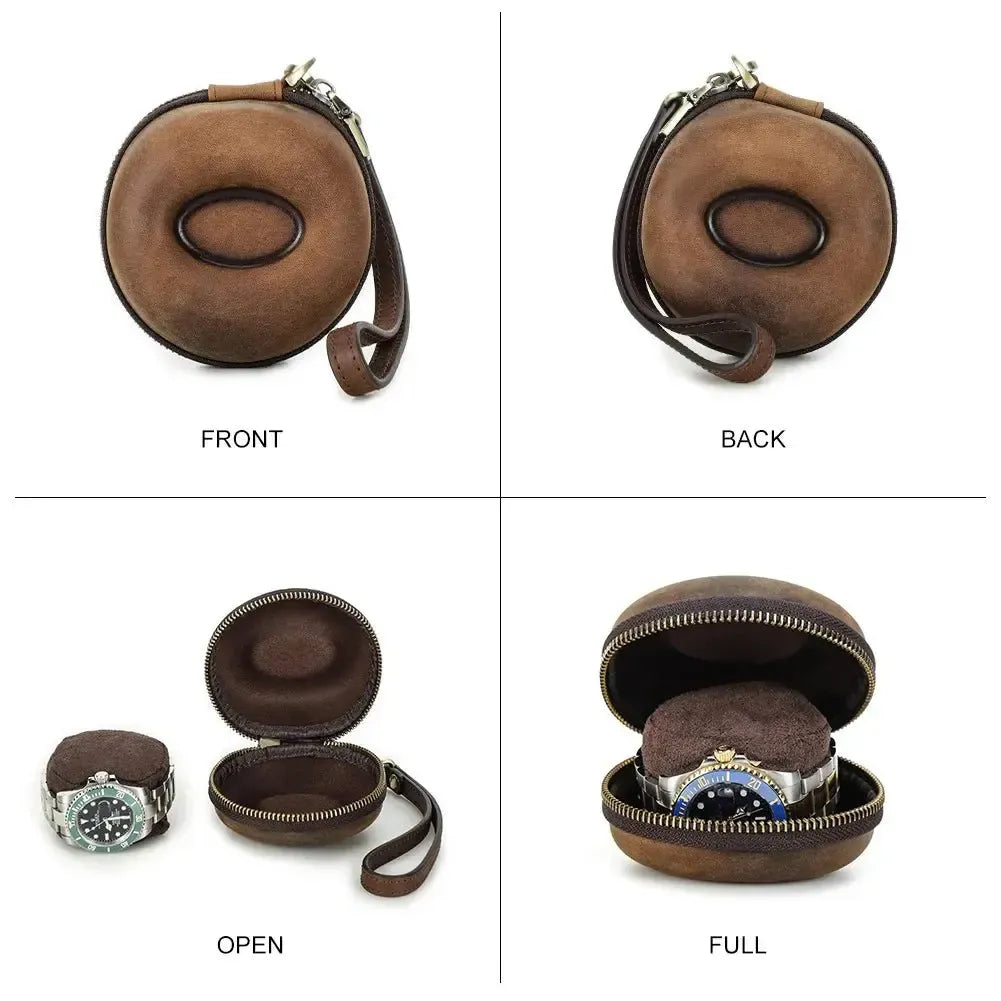 Retro Leather Single Slot Donut Watch Case Travel Pouch