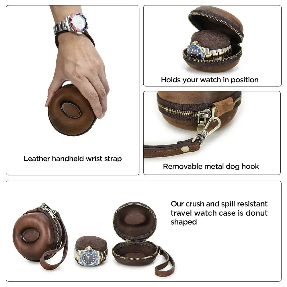 Retro Leather Single Slot Donut Watch Case Travel Pouch