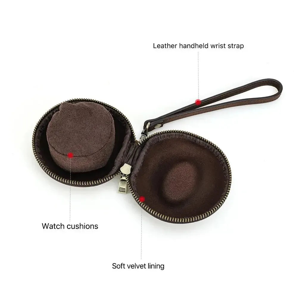 Retro Leather Single Slot Donut Watch Case Travel Pouch