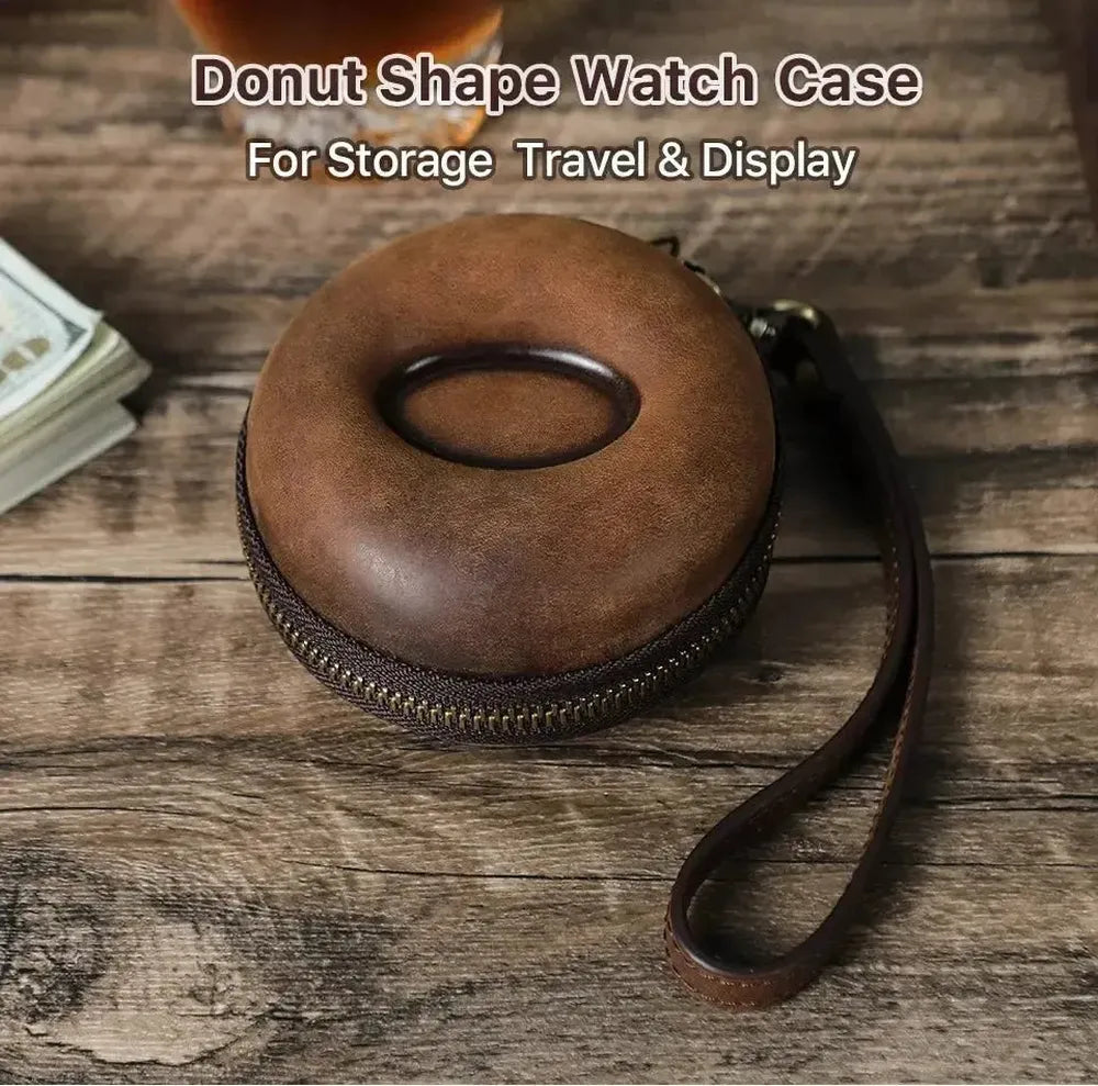 Retro Leather Single Slot Donut Watch Case Travel Pouch