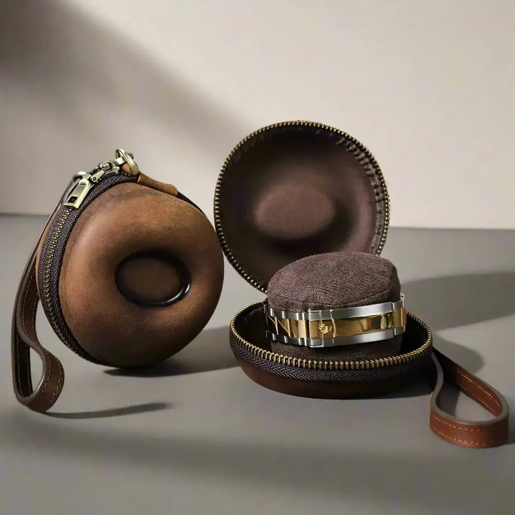 Retro Leather Single Slot Donut Watch Case Travel Pouch