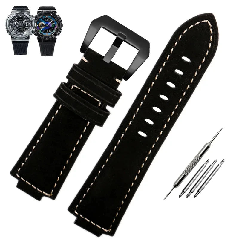 Retrofit Frosted Leather Watch Band for G-SHOCK Series black-black 16mm - VivaStraps | Viva Timepiece