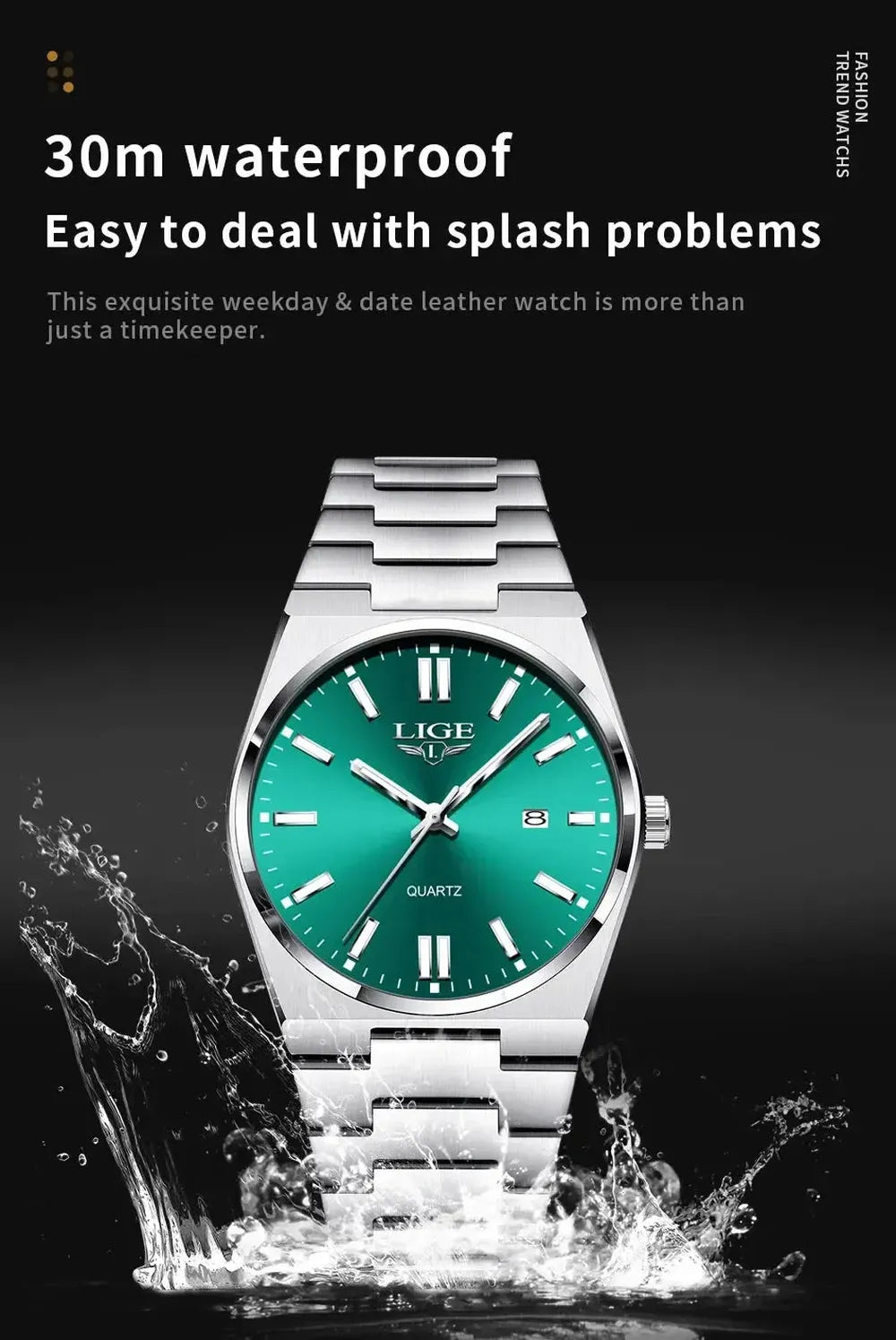 LIGE 40mm Classic Quartz Dress Watch – Stainless Steel, Date Display-LIGE-Viva Timepiece