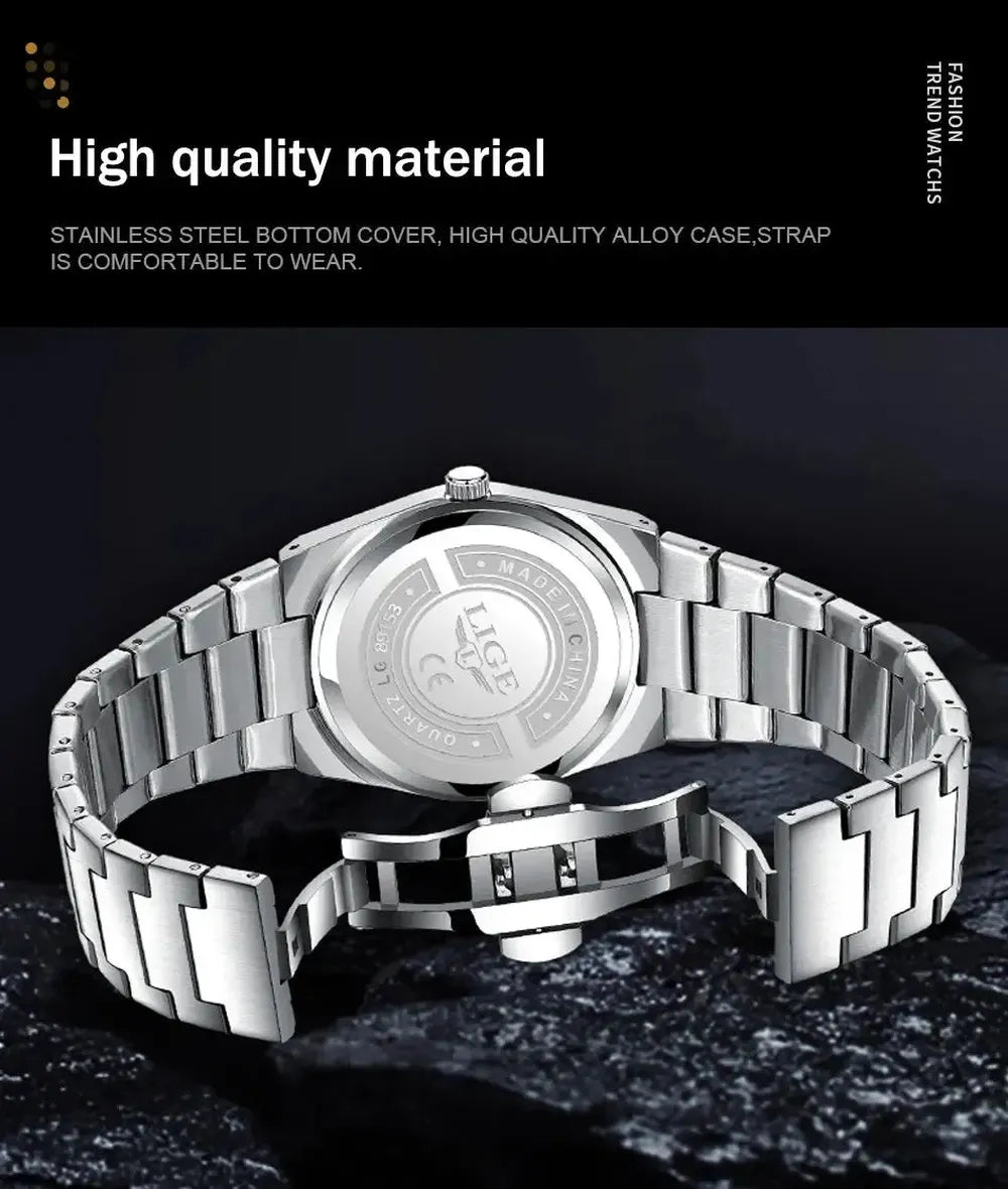 LIGE 40mm Classic Quartz Dress Watch – Stainless Steel, Date Display-LIGE-Viva Timepiece