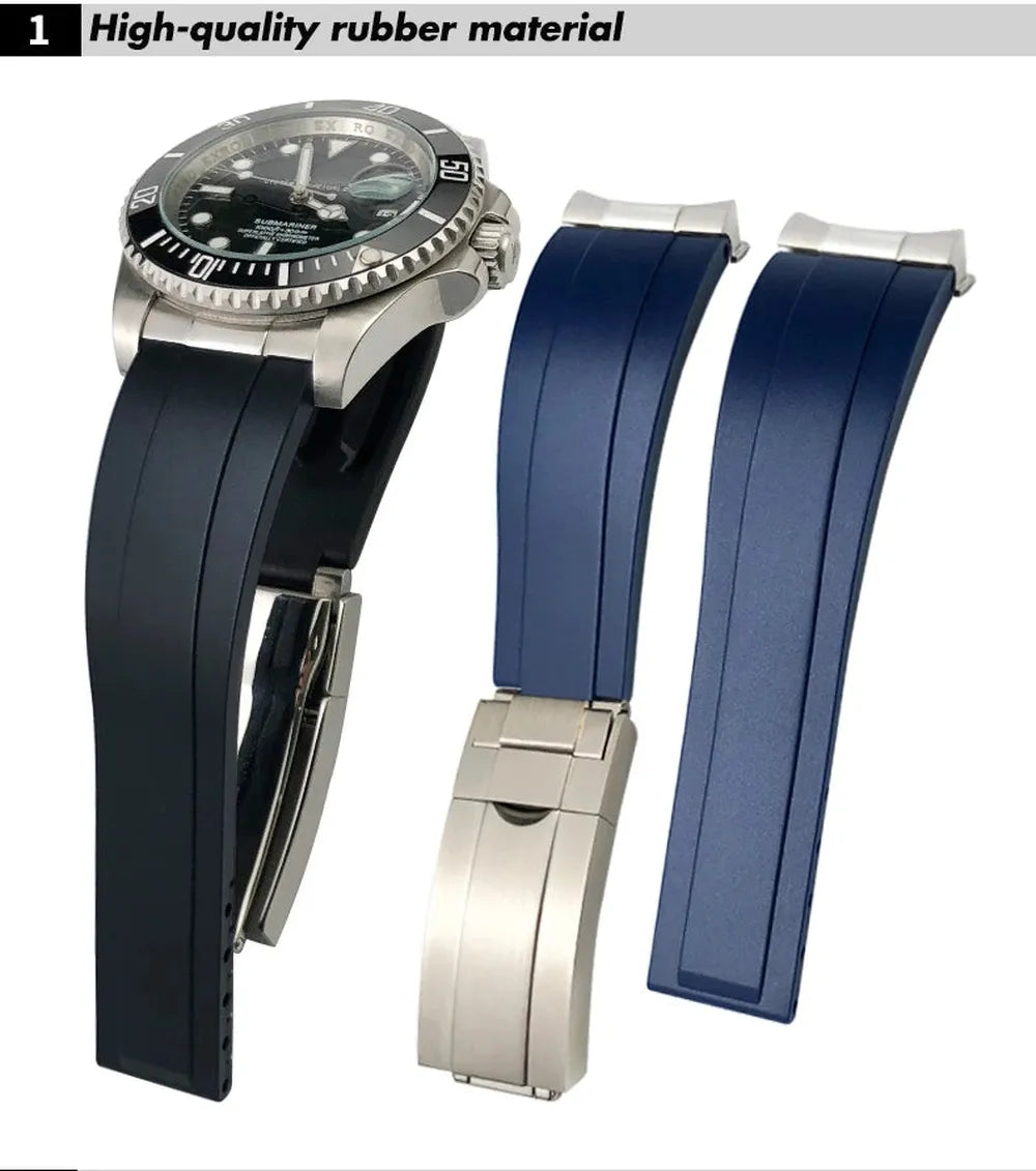 20mm 21mm Curved-End Rubber Watch Strap with Metal Link Adapter & Folding Clasp-VivaStraps-Viva Timepiece