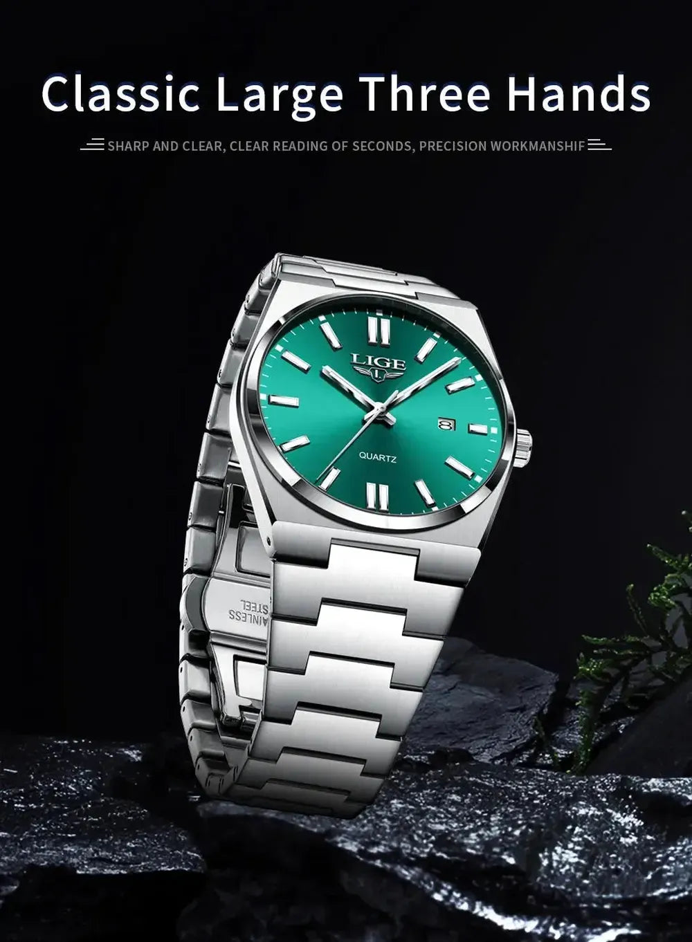 LIGE 40mm Classic Quartz Dress Watch – Stainless Steel, Date Display-LIGE-Viva Timepiece