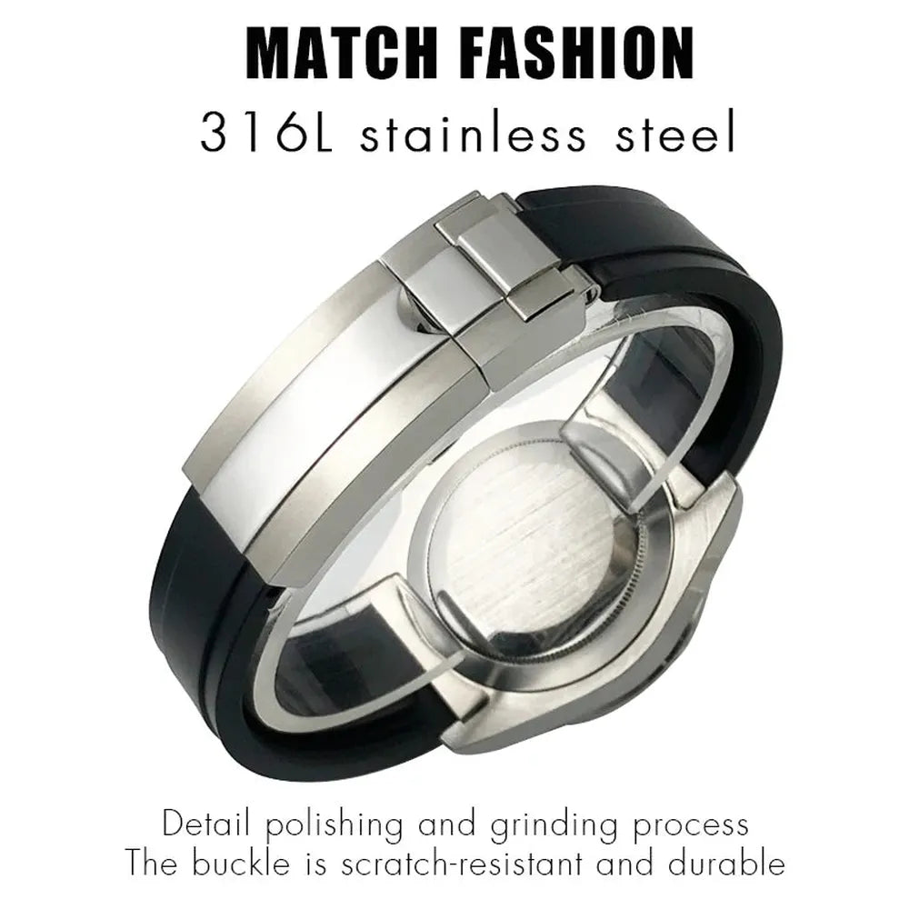 20mm 21mm Curved-End Rubber Watch Strap with Metal Link Adapter & Folding Clasp-VivaStraps-Viva Timepiece