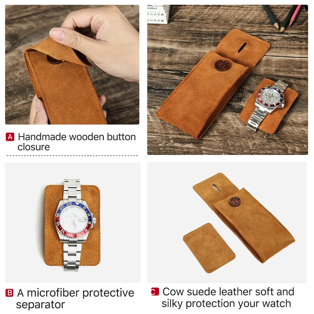 Soft Cow Suede Leather Watch Travel Case Pouch with Insert – Portable Watch Storage 155mm