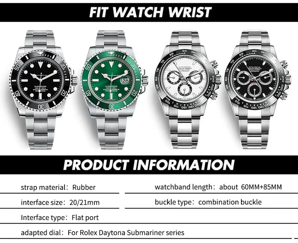 20mm 21mm Curved-End Rubber Watch Strap with Metal Link Adapter & Folding Clasp-VivaStraps-Viva Timepiece