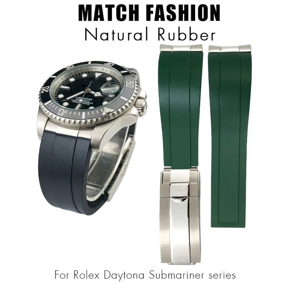 20mm 21mm Curved-End Rubber Watch Strap with Metal Link Adapter & Folding Clasp-VivaStraps-Viva Timepiece