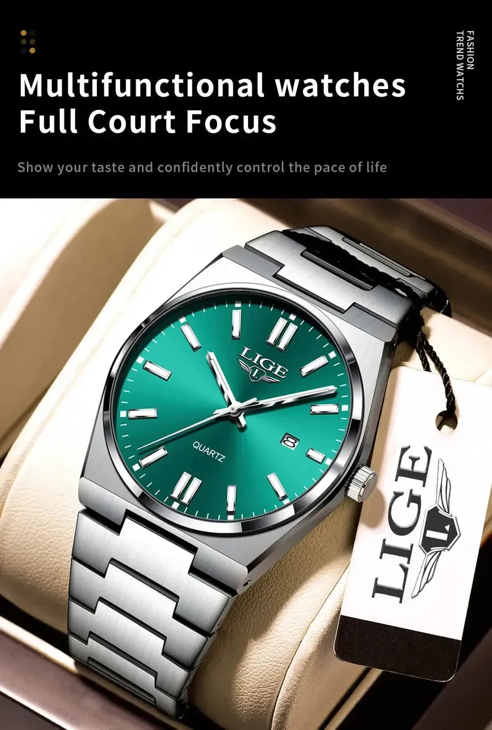 LIGE 40mm Classic Quartz Dress Watch – Stainless Steel, Date Display-LIGE-Viva Timepiece