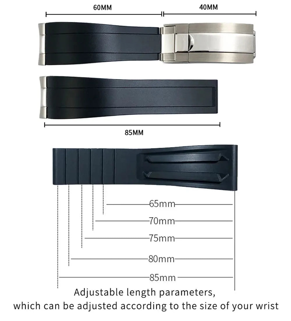 20mm 21mm Curved-End Rubber Watch Strap with Metal Link Adapter & Folding Clasp-VivaStraps-Viva Timepiece