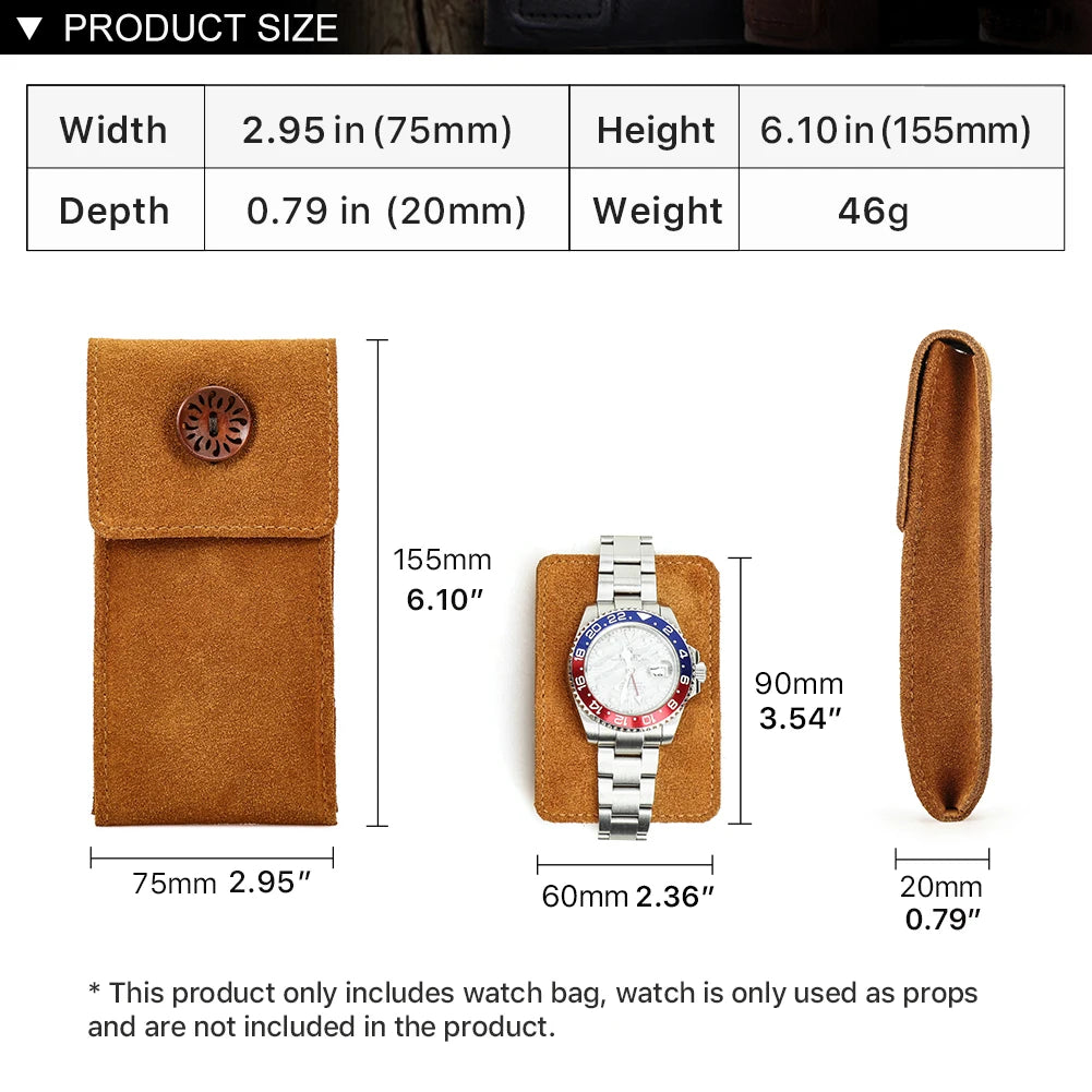 Soft Cow Suede Leather Watch Travel Case Pouch with Insert – Portable Watch Storage 155mm