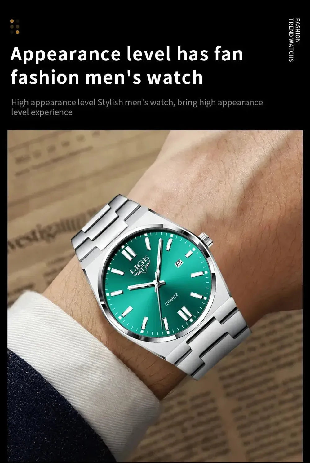 LIGE 40mm Classic Quartz Dress Watch – Stainless Steel, Date Display-LIGE-Viva Timepiece