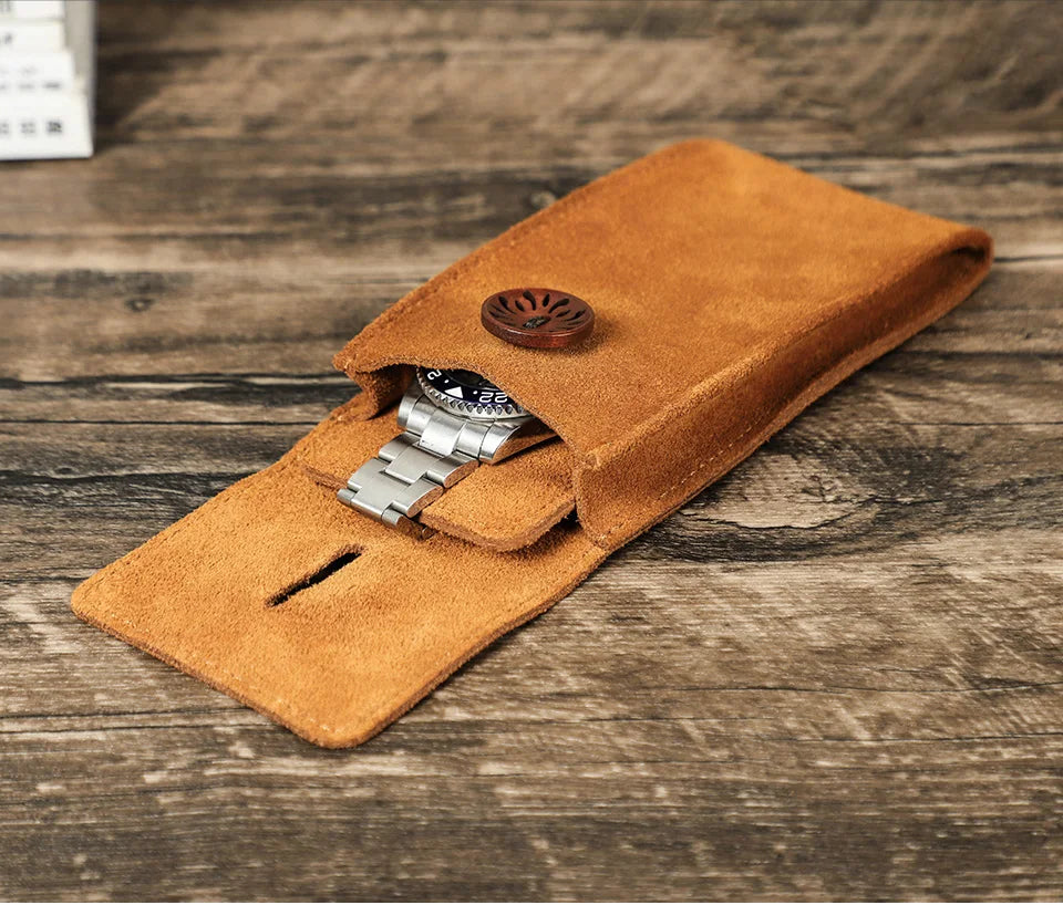 Soft Cow Suede Leather Watch Travel Case Pouch with Insert – Portable Watch Storage 155mm